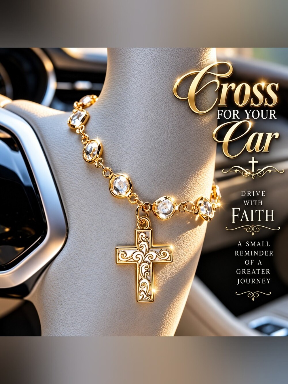 Gold Cross Crystal Car Hanging Decoration Steering Wheel Gear Shift Accessory